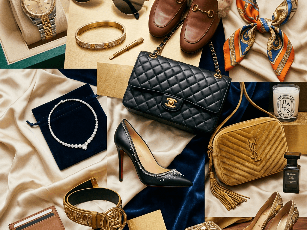 Luxury watch, sunglasses, bracelet, loafers, scarf, necklace, handbags, high heels, perfume, and jewelry box