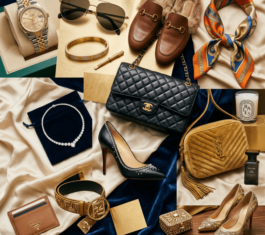 Luxury watch, sunglasses, bracelet, loafers, scarf, necklace, handbags, high heels, perfume, and jewelry box